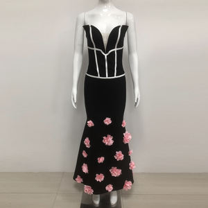 女性用セクシーフラワーアップリケバンデージプロムドレスマーメイドVネックバックレスジッパーイブニングドレス - Product Image 2