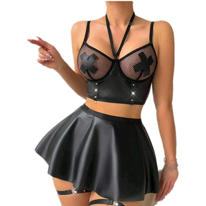 Lencería Fetiche Sexy para Mujer, Conjunto de 2 Piezas con Top Halter de Rejilla y Cuero, Falda y Lazos para Piernas, Vestido Erótico - Product Image 2