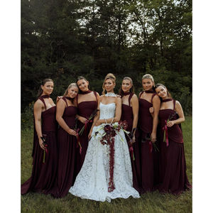 فستان شيفون لوصيفة العروس مع وشاح بفتحة رقبة مربعة وفتحة جانبية بطيات فستان رسمي طويل NT01 - Product Image 5