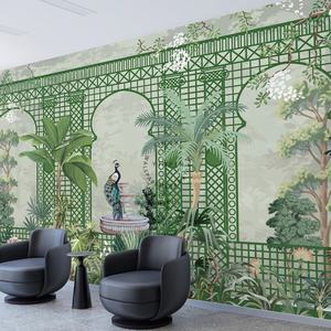 Mural <span class=keywords><strong>de</strong></span> pared personalizado para el hogar, diseño <span class=keywords><strong>de</strong></span> pavo real, planta tropical, jardín, papel tapiz - Product Image 1