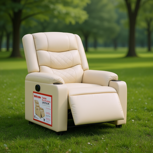 Sillón reclinable eléctrico de cuero sintético color crema con control remoto y portavasos para sala de estar - Product Image 2