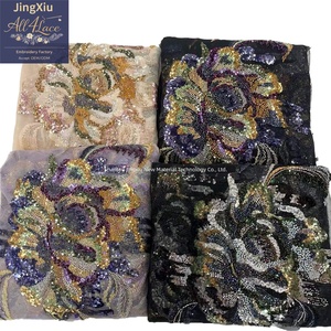 Tessuto in Rete Ricamato con Paillettes Floreali Grigio Viola Oro con Grandi <span class=keywords><strong>Motivi</strong></span> Applicati per Caftani, Abaya e Abiti da Sera - Product Image 6