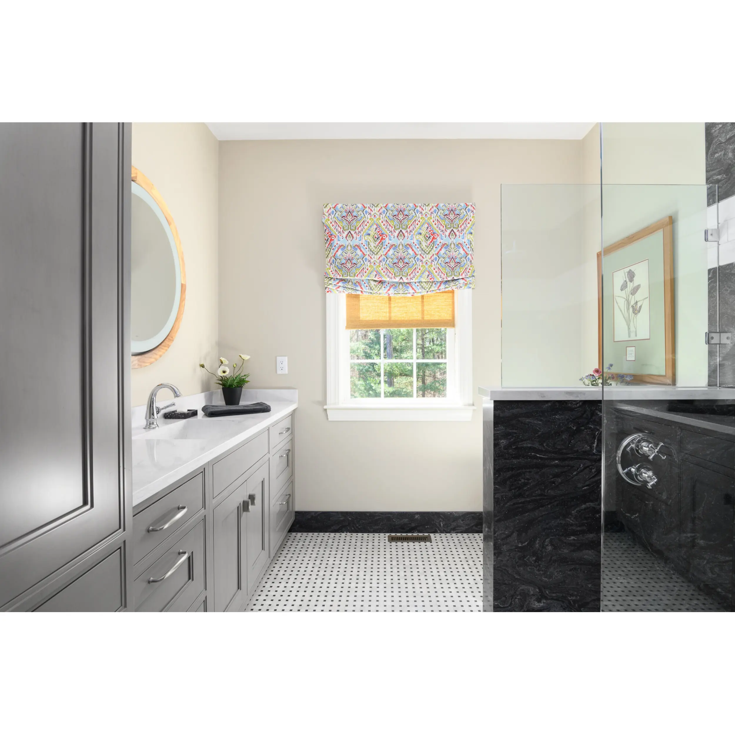 2023 Skyline American Classical Style Matte Grey Bathroom Vanity with Circular Mirror and Marble wall