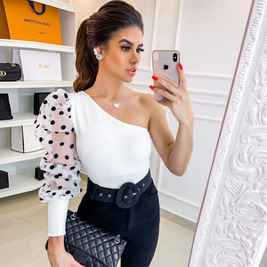 Summer Puff Long Sleeve One Shoulder Tops Shirts Ladies See-through <strong>Sheer</strong> Mesh Dot Women Sexy <strong>Blouses</strong> - Product Image 2