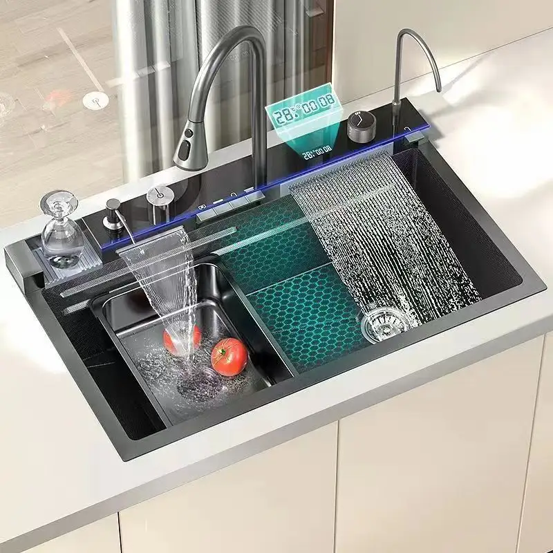 2023 Tiktok New Trend Stepped Design Leicht zu reinigen Multifunktions-Wasserfall Küchen armatur Waschbecken mit Digital anzeige