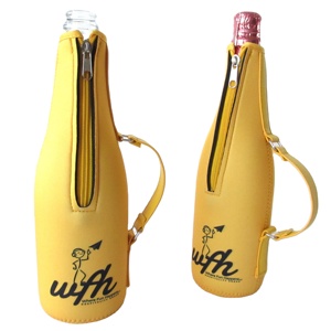 Custom Neoprene Zip-Up Wine Cooler Bags with Striped Pattern Insulation Sleeves & Leather Handle for Beer & Champagne <b>Bottle</b> - Product Image 2