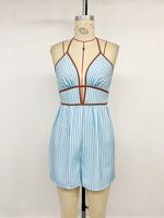 Nouvelle combinaison short rayée en polyester, style vacances estivales européennes et américaines, taille haute, col montant, pour femme