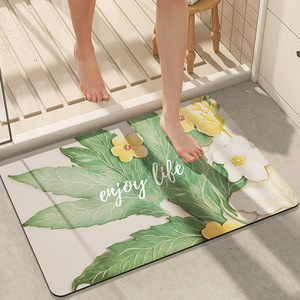 Tapis de salle de bain à motif floral, absorbant, en cuir, rectangulaire, design moderne, pour l'entrée de la salle de bain, antidérapant, vert et blanc - Product Image 5