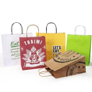 Sac en papier Kraft avec poignées torsadées/plates, Logo personnalisé à emporter, bon marché, vente en gros,