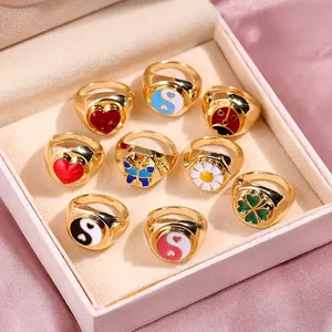 Acero inoxidable de alta calidad impermeable personalizado 18K Oro 4 Uds anillo conjunto Y2K anillos amor corazón flor estética anillos gruesos