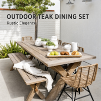 Ensemble table et chaises de jardin style campagnard américain, structure en aluminium, table à manger longue en teck birman, imperméable, mobile, pour terrasses de plage et villas