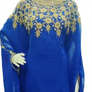ชุดคาฟตันสีน้ำเงินหรูหราประดับด้วยงานปักมืออย่างประณีตด้วยดิ้นทองคำ ผ้าชีฟองเนื้อดี ยาวกรอมพื้น แขนยาว - Product Image 1