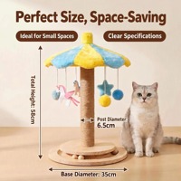 Tiang Garukan Kucing dari Sisal dengan Kanopi Payung Bulu Warna-warni, Mainan Burung Pom Pom Gantung, Bola Putar, Aktivitas Anak Kucing