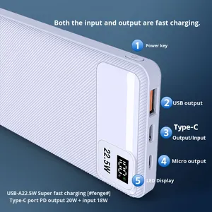Banques d'alimentation pour ordinateur portable portable haute capacité 20000mah Fast 22.5w Type-C <span class=keywords><strong>Out</strong></span>/In 50W Output Power Micro USB Pd Qc 3.0 Compatible - Product Image 4