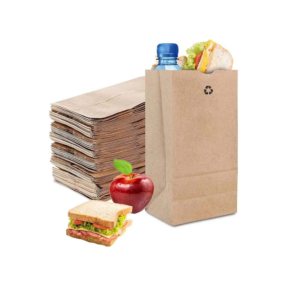 カスタムロゴバルク使い捨てランチサッククラフトブラウンペーパーランチバッグ食料品食品用の小型ブランクバッグ
