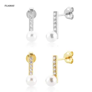 FUAMAY Aretes-패션-쥬얼리 최소 S925 5MM 진주 바 귀걸이 담수 진주 매달려 귀걸이 여성