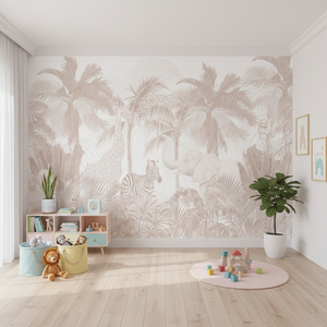 Carta da Parati Adesiva Impermeabile per Cameretta Bambini, Decorazione Murale Marrone con <span class=keywords><strong>Animali</strong></span> Tropicali Vintage - Product Image 1