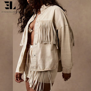 เสื้อแจ็คเก็ตยีนส์ LARSUR รุ่นสั่งทำพิเศษ แต่งพู่ห้อย ลุคทำเก่า สไตล์นักแข่งมอเตอร์ไซค์ เสื้อคลุมยีนส์สำหรับผู้หญิง - Product Image 4