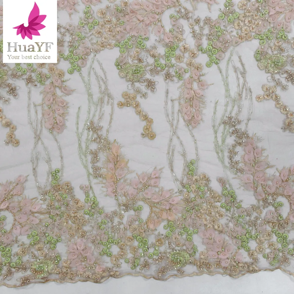 Elegante tulle tessuto del merletto Francese Africano con paillettes pizzo con perline tessuto del ricamo per il vestito HY1426-4