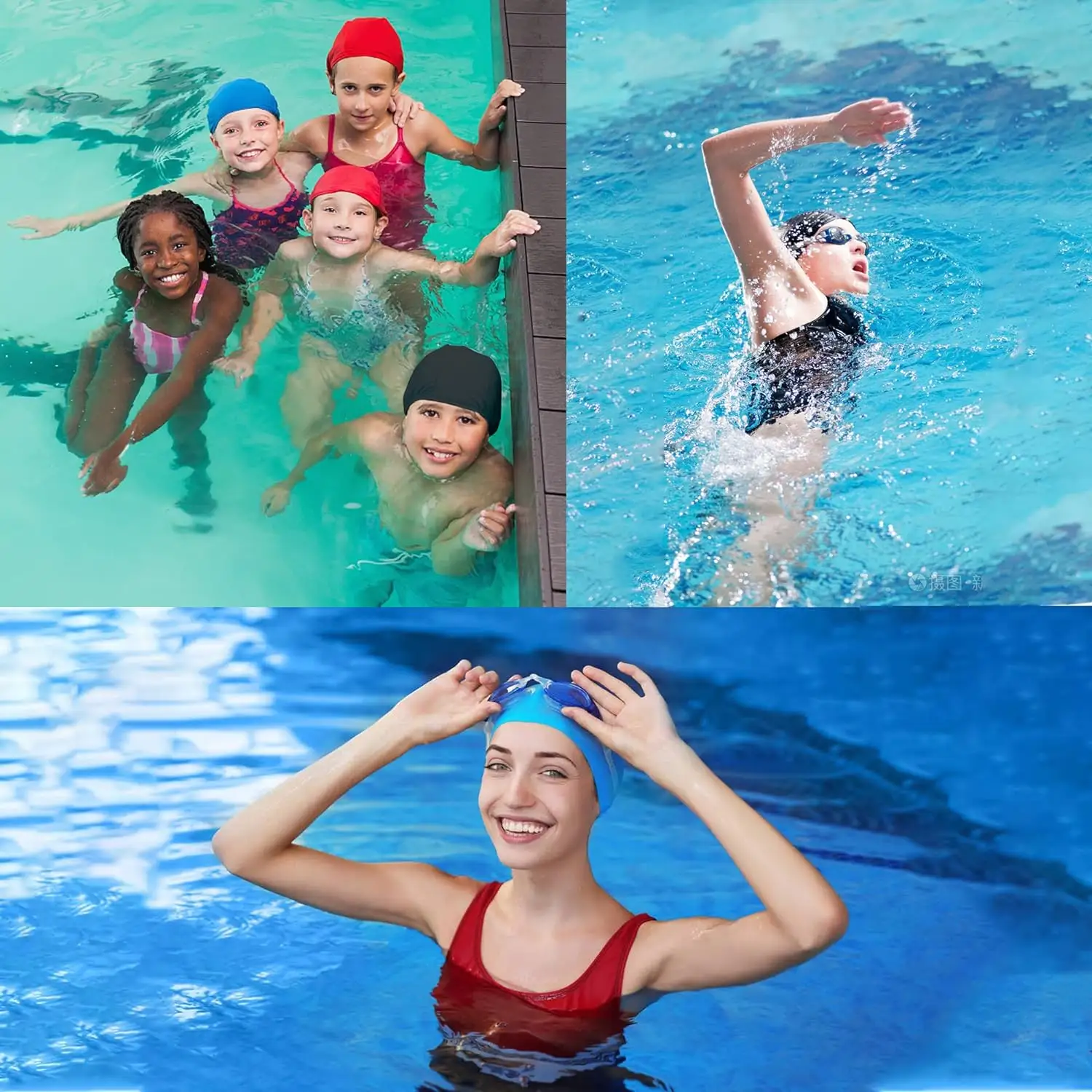 사용자 정의 디자인 수영 모자 라이크라 소재 인쇄 OEM 로고 스타일 색상 어린이 수영 모자 성인 수영 모자