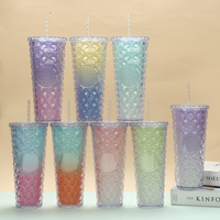 Gobelet isotherme double paroi en plastique réutilisable, à motif diamant gaufré et paillettes dégradées, avec couvercle et paille, portable pour café glacé et voyage