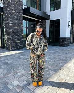 Set pakaian olahraga bordir kustom dua potong Camoflouge Set Sweatsuit <span class=keywords><strong>Camo</strong></span> Zip up Boxy jaket Hoodie dan Sweatpants Set untuk pria wanita - Product Image 1