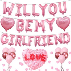 Ballon « Serai-tu ma petite amie » de 16 pouces, ballons en forme de cœur de 18 pouces, ballons en mylar avec pétales de rose artificiels, décorations pour la Saint-Valentin - Product Image 1