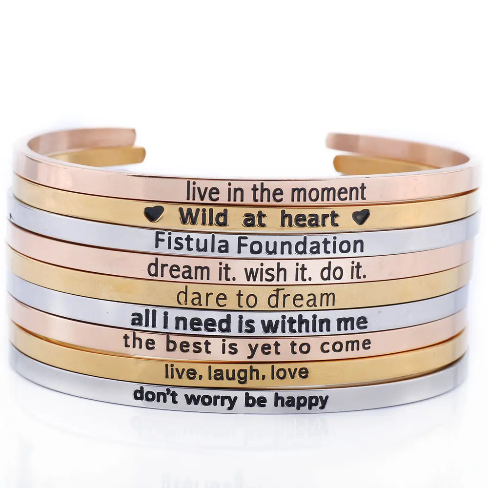 Fashion Simple Design Bangle Engraved Inspirational Cuff Bracelet Wholesale Custom Personalized Adjustable 316L Stainless Steel
