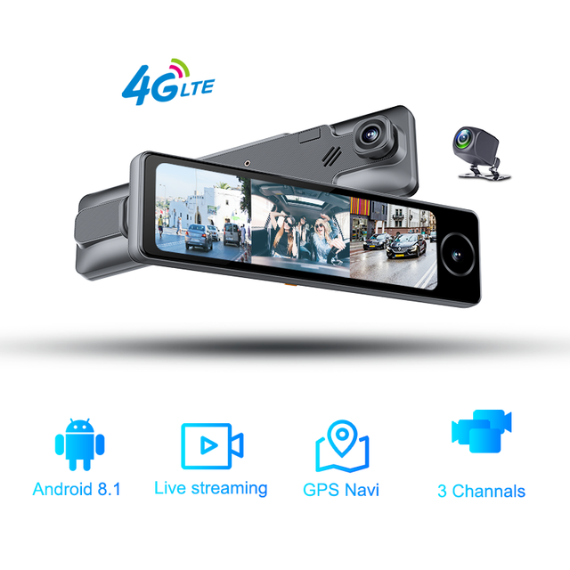 4G Android 3 Cameras 10.88" Rear View Mirror Car Video Recorder Dash Cam with Direct Bracket to Front Window GPS ADAS FHD 1080P