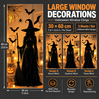 Autocollants statiques réutilisables pour fenêtre, motif sorcière d'Halloween, 3 pièces, 30x60cm, pour décorations de salle de classe, bureau, école