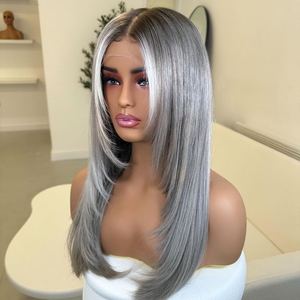 Peluca de Cabello Humano con Frente de Encaje, Color Gris Plateado con Reflejos en la Parte Delantera, Ondulado Natural, Cabello Remy Pre-Depilado, Nudos Pequeños, Liso, Transparente - Product Image 1