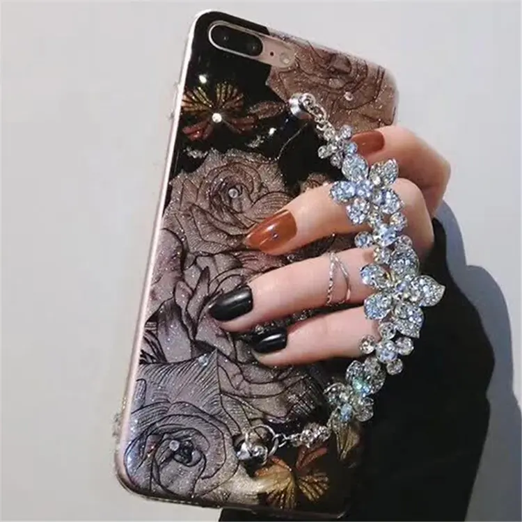 Venta caliente dama uso diseño floral de lujo pulsera de diamantes de imitación de cristal caso cubierta móvil para iPhone 7 8 plus