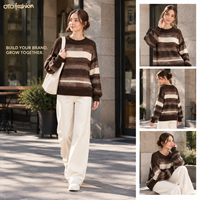 Pull en maille côtelée surdimensionné à rayures marron pour femme, col rond, manches longues, décontracté, tricoté, personnalisable OEM, vente en gros