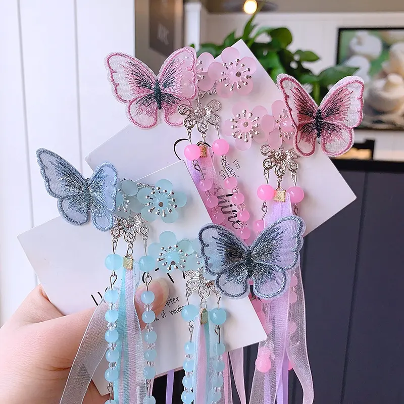 Kids beauty butterfly tassel hair clip small fresh hair accessories ribbon hair grip