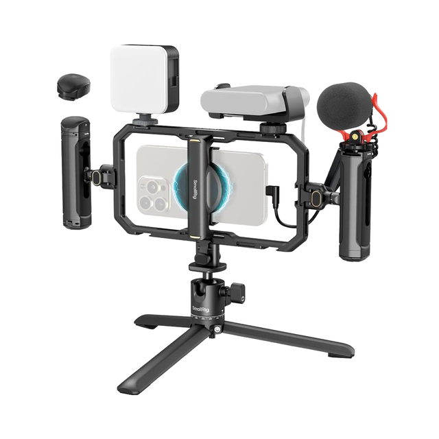 For SmallRig All-in-One Pro Phone Stabilizer Rig Kit Universal Quick Release LED Light QR Tripod Dual Handles Power Bank for