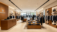 Présentoir Commercial de Luxe pour Vêtements, Cadre Doré, Bois MDF Noyer, Présentoir Complet pour Magasin de Vêtements pour Hommes