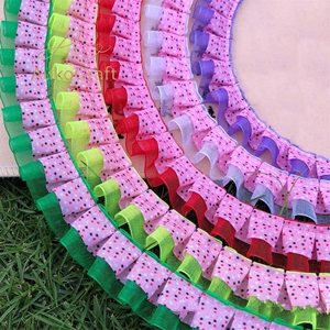 Kain Organza Tulle Poliester 25mm DIY dengan Pinggiran Rajut, Lipit, Motif Titik Pink, Pita untuk Gaun, Kostum, Dekorasi, Rumbai Berlapis 2 - Product Image 1