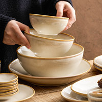 Service de table en céramique de style chinois, effet four, glaçure galaxie marron-jaune, en grès, ensemble complet, cadeau