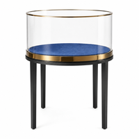 Support de présentation de bijoux en verre cylindrique rond personnalisé avec plateau en velours bleu et bordure dorée pour les magasins de bijoux en gros