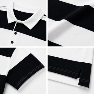 Men's <b>Black</b> White Striped Short Sleeve Cotton <b>Polo</b> <b>Shirt</b> Casual Oxford Woven Breathable Regular Fit - Product Image 2