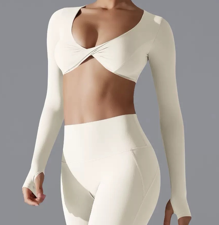 New Style Sporty Long-sleeved V-neck Slim-fit Breathable Outdoor Yoga Wear Short Top