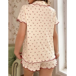 <span class=keywords><strong>Pigiama</strong></span> SMOOTH con Motivo a Fiori di Ciliegio per Donne, Comodo Set Estivo con Cardigan a Maniche Corte e Colletto - Product Image 3