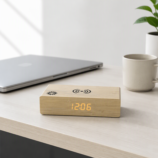 Smart Wooden LED Alarm Clock Wireless Charging Digital Temperature Display Voice Control Battery Powered Living Room Bathroom