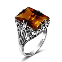Penjualan Laris Batu Permata Amber Persegi Panjang Geometris Cincin Perak 925 Cincin Pernikahan Perhiasan Cincin Antik