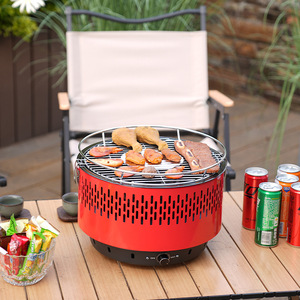 Portable Barbecue Grill Multifunctional Outdoor Camping Use Round Red Steel With Grilling Rack For Meat And Snacks - Product Image 1
