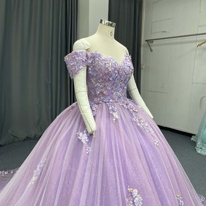 Lsany286 Lavender Quinceanera <b>Dress</b> 3D Floral Lace Applique <b>Ruffled</b> Sleeve Glitter Tulle Ball Gown Scalloped Hem Jancember - Product Image 6