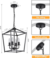 Lustre suspendu industriel vintage noir à 4 lumières, lanterne rustique, LED à intensité variable, garantie de 2 ans pour l'éclairage