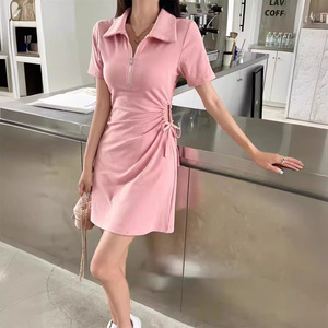 Polo Collar Dress Women Summer 2024 Pink Solid Color Drawstring Waist Cinching Casual Daily Wear Short Skirt - Product Image 1
