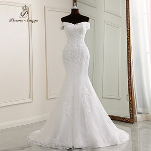 Abiti da <span class=keywords><strong>sposa</strong></span> LY-WD0428 abiti da <span class=keywords><strong>sposa</strong></span> a sirena a coda di pesce in pizzo con spalle corte strascico Sexy elegante bianco avorio - Product Image 1