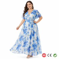 Robe longue sur mesure grande taille pour femme, imprimé floral bleu gentiane alpin, en mousseline, col en V, coupe portefeuille, longueur complète, du 42 au 56 EU